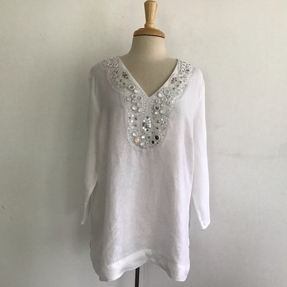 JM Collection Tops - JM Collection White Linen V-Neck 3/4 sleeve Mirror & Sequins Neck Boho Tunic XL